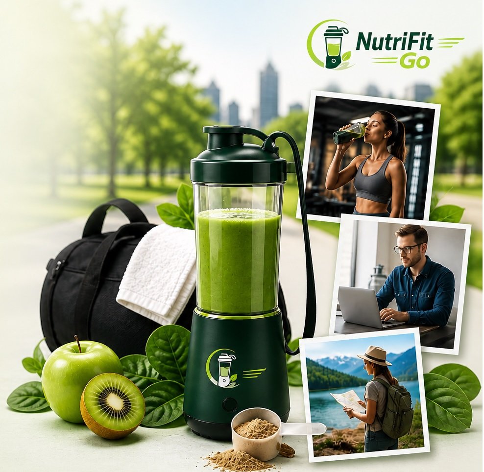 NutriFit Go portable blender with fresh fruits and active lifestyle scenes representing fitness, work, and travel.