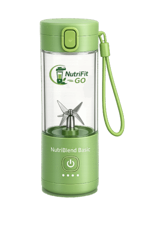 NutriBlend Basic portable blender with NutriFit Go logo, light green finish, stainless steel blades, and carrying strap on transparent background.