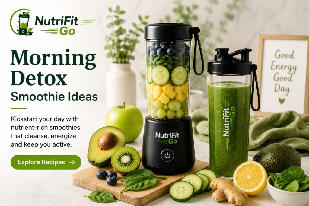 NutriFit Go portable blender with green detox smoothie, fresh fruits, cucumber, avocado, and spinach in a healthy kitchen setup.