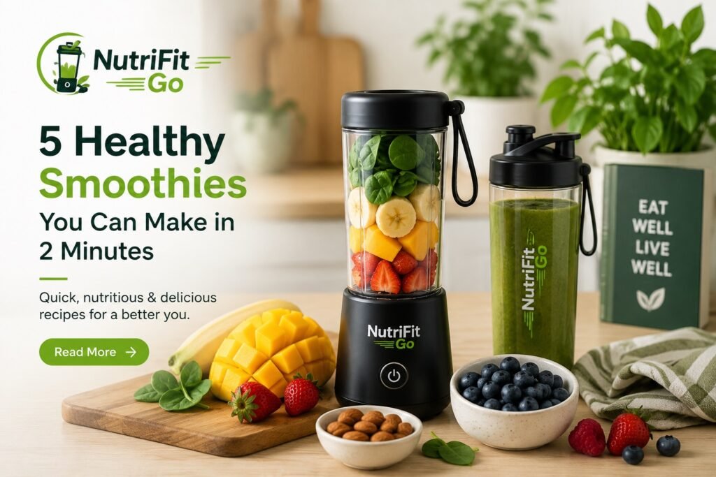 NutriFit Go portable blender with fresh fruits, smoothie ingredients, and healthy green drink for quick smoothie recipes.