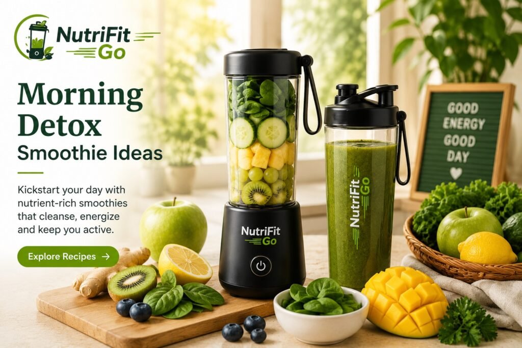 NutriFit Go Morning Detox Smoothie Ideas banner featuring portable blender, green smoothie, fresh fruits, and healthy wellness lifestyle setup.