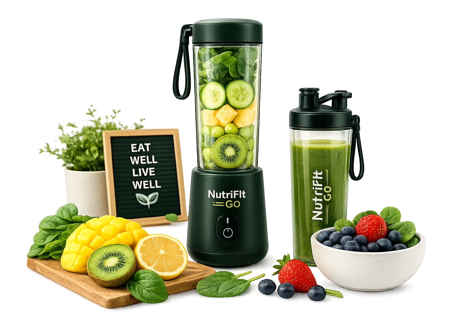 Healthy Recipes category icon featuring NutriFit Go blender, green smoothie, fruits, yogurt bowl, and fresh wellness ingredients.