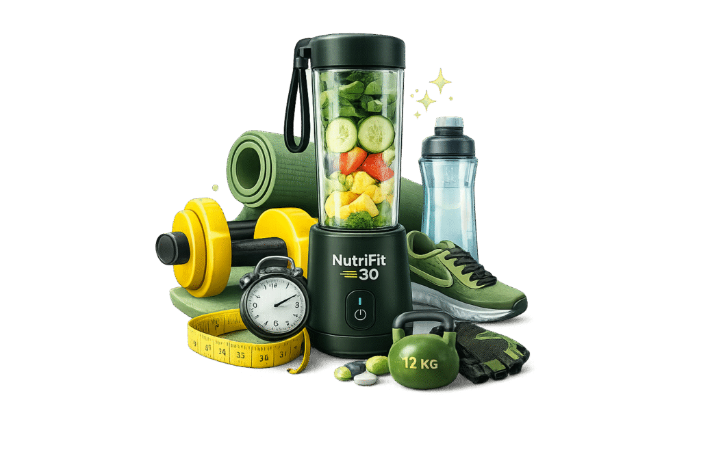 NutriFit portable blender with fitness accessories including dumbbells, yoga mat, running shoes, kettlebell, and measuring tape on a transparent background.