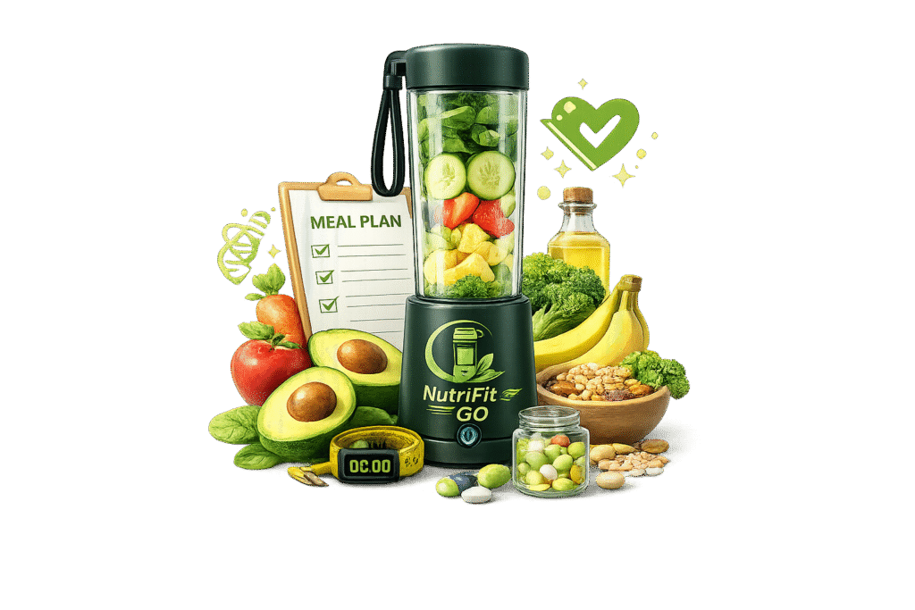 NutriFit Go portable blender with healthy fruits, vegetables, meal planner, and wellness ingredients on a transparent background.
