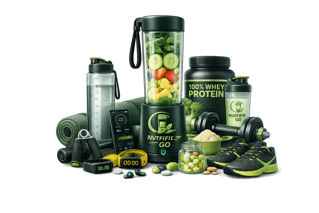 NutriFit Go portable blender with fitness accessories, protein supplements, dumbbells, and workout essentials on a transparent background.
