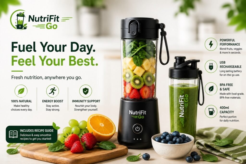 NutriFit Go portable blender advertisement featuring fresh fruits, green smoothie, USB rechargeable blender bottle, and healthy lifestyle messaging in a modern kitchen setting.