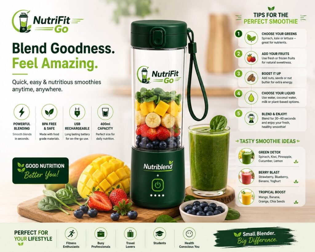 NutriFit Go portable smoothie blender infographic featuring smoothie-making tips, healthy fruit ingredients, USB rechargeable blending bottle, and nutritious smoothie recipe ideas in a modern kitchen setup.