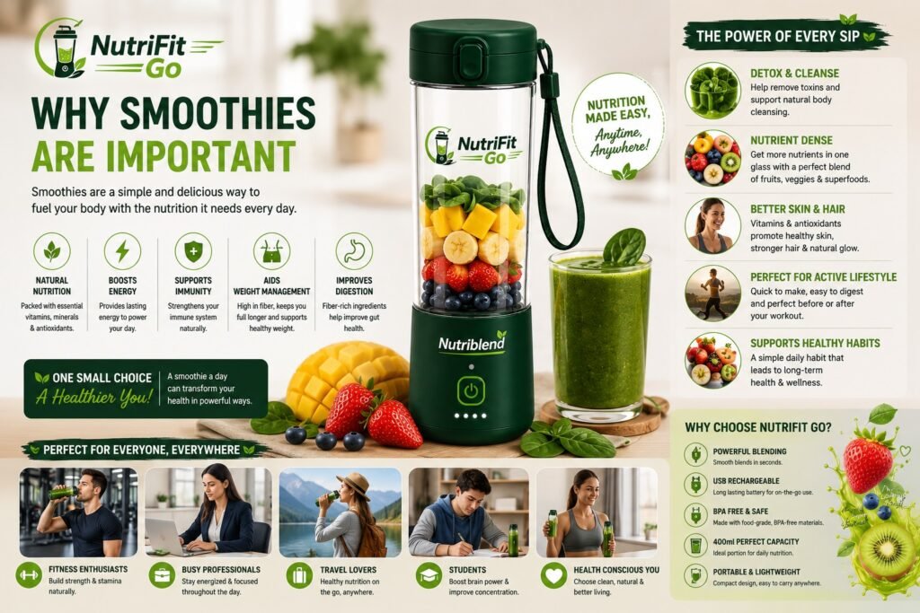 NutriFit Go smoothie benefits infographic featuring a portable blender, healthy smoothie ingredients, wellness advantages, nutrition facts, and lifestyle benefits for fitness enthusiasts, students, travelers, and professionals.