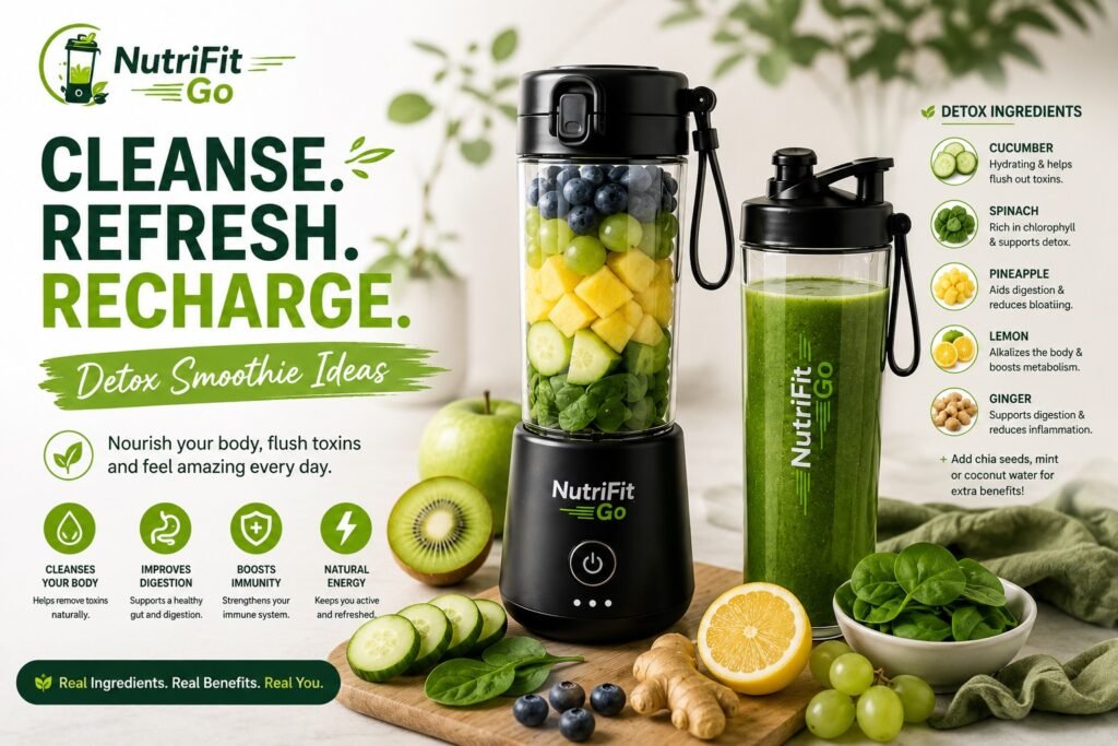 NutriFit Go detox smoothie infographic featuring a portable blender, green detox smoothie, fresh fruits and vegetables, and wellness-focused detox ingredients including cucumber, spinach, lemon, ginger, and pineapple.