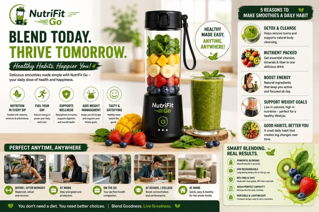 NutriFit Go smoothie lifestyle infographic featuring a portable blender, healthy green smoothie, fresh fruits, wellness benefits, and daily smoothie habit tips for fitness, work, travel, study, and home lifestyles.
