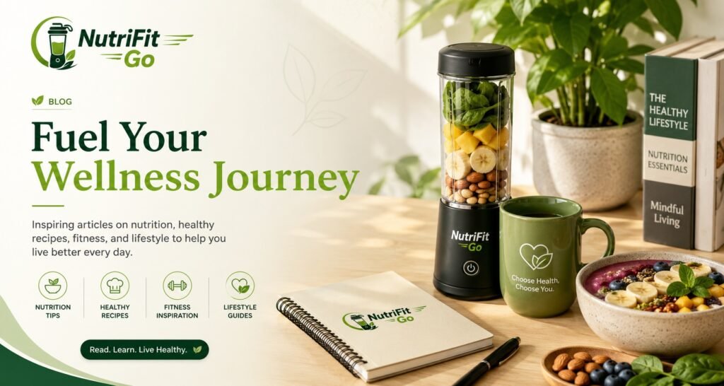 NutriFit Go portable blender with healthy smoothie ingredients, wellness journal, and nutrition-themed blog setup.