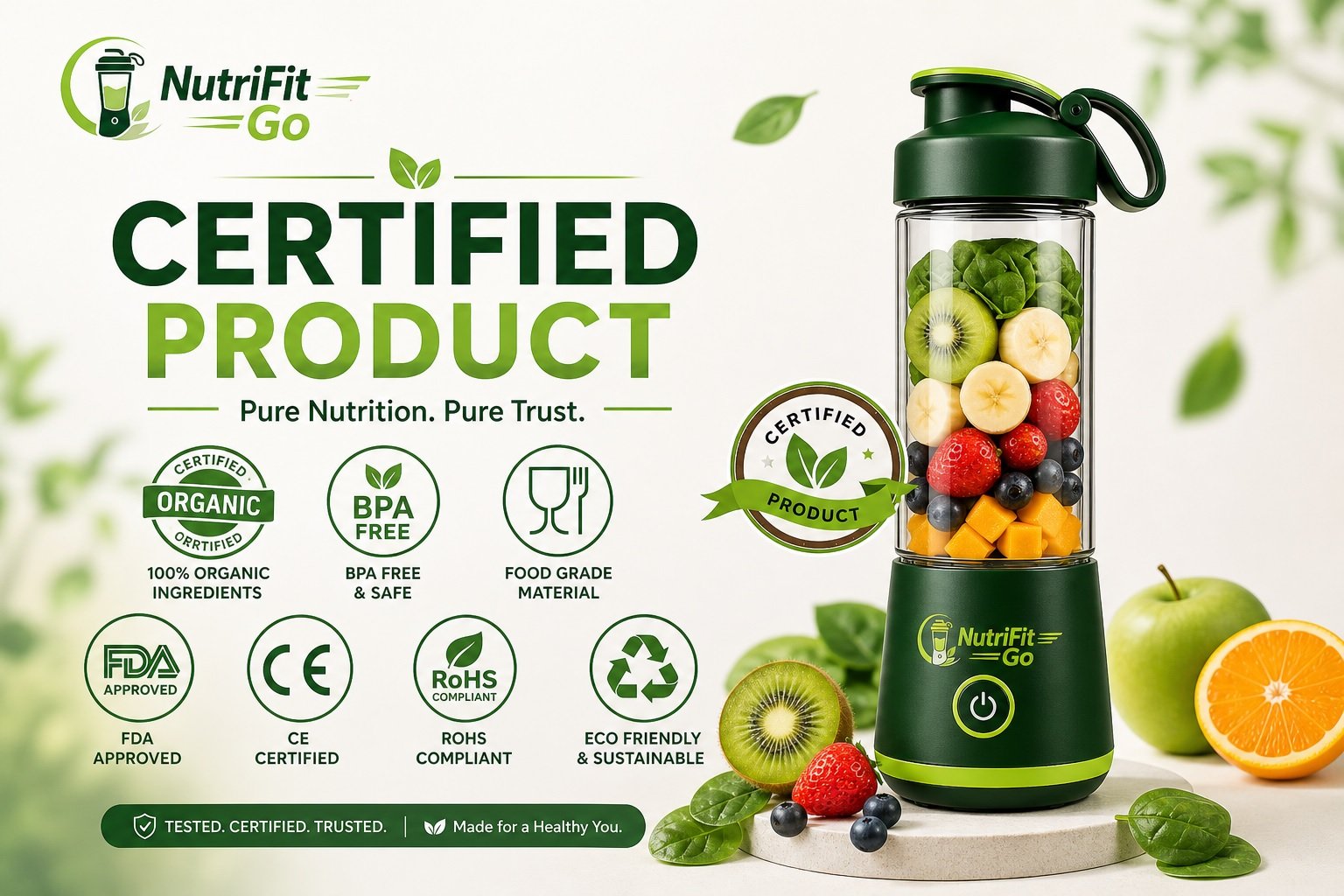 NutriFit Go certified portable blender with fresh fruits, highlighting organic ingredients, BPA-free safety, and eco-friendly design.