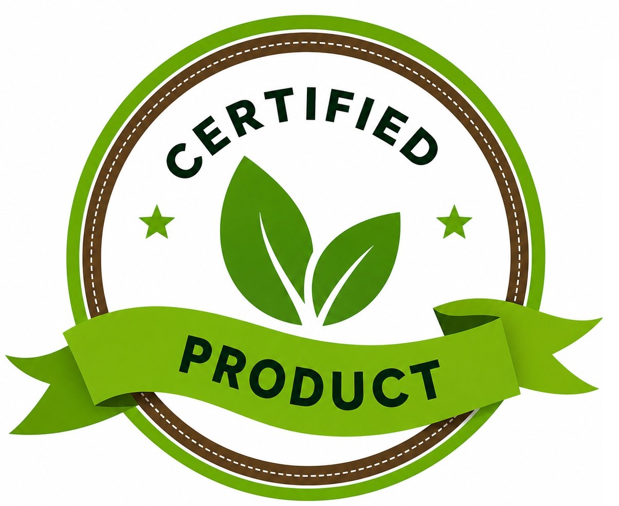Green circular certified product badge with leaf icon symbolizing organic, safe, and eco-friendly quality.