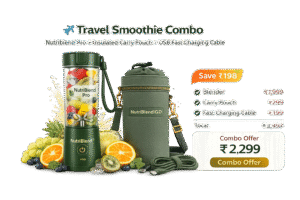 Travel Smoothie Combo with NutriBlend Pro portable blender, insulated pouch, and charging cable.