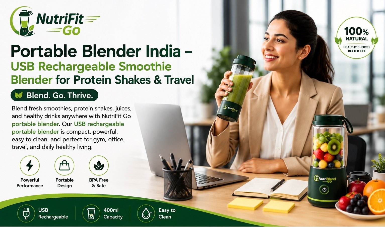 USB rechargeable portable blender for smoothies, protein shakes, travel, and healthy drinks in India