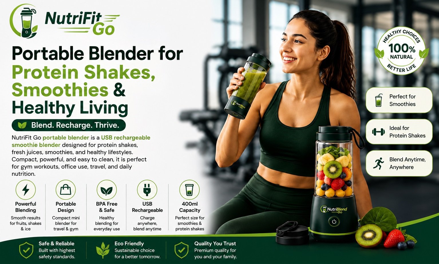 Portable blender for protein shakes, smoothies, gym nutrition, and healthy living – USB rechargeable smoothie blender