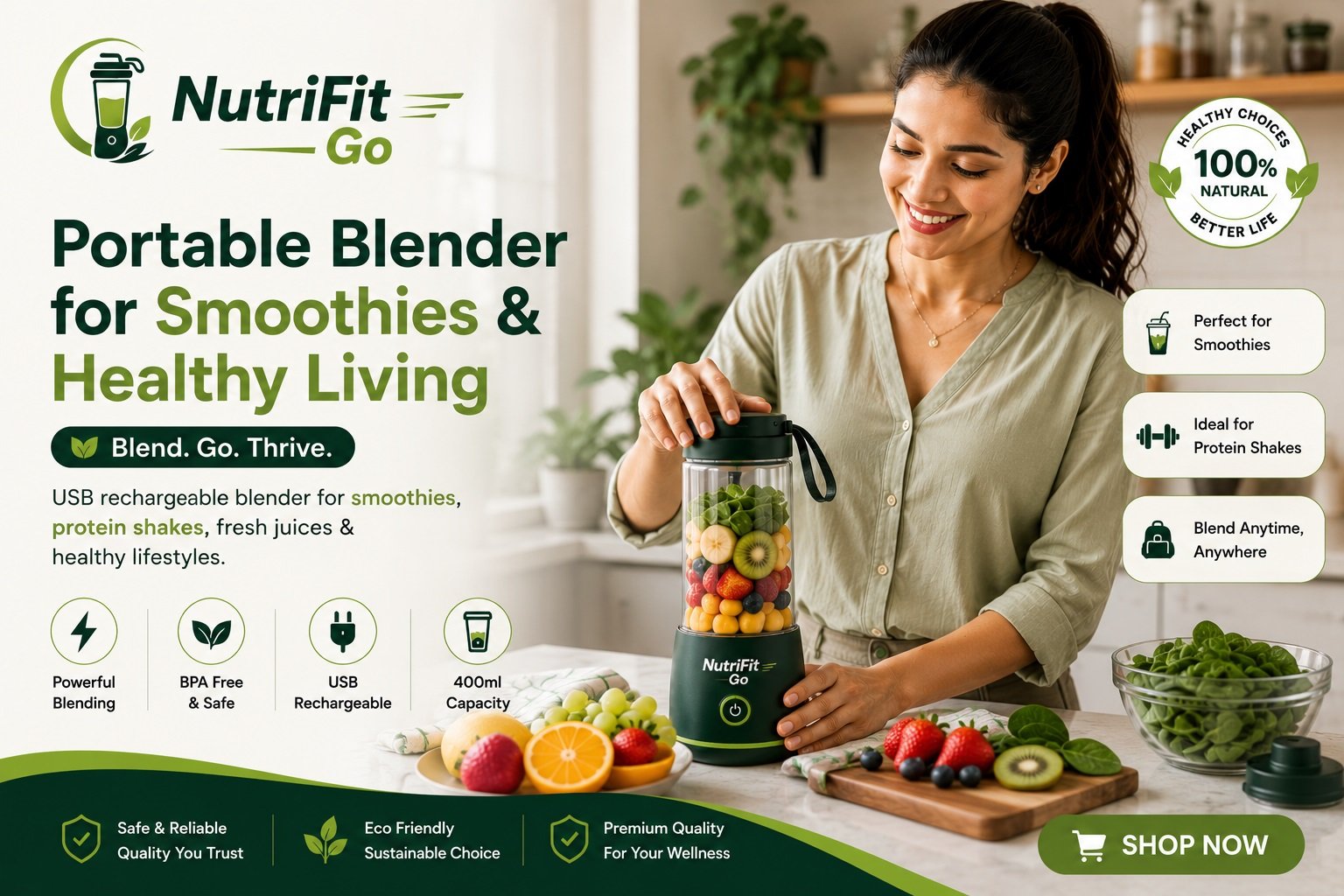 Portable blender for smoothies and protein shakes – USB rechargeable smoothie blender for healthy living