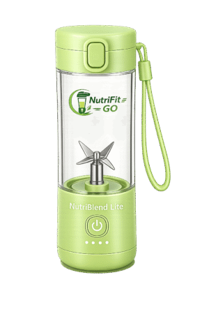 NutriBlend Lite portable blender with NutriFit Go logo, light green body, stainless steel blades, and carrying strap on transparent background.