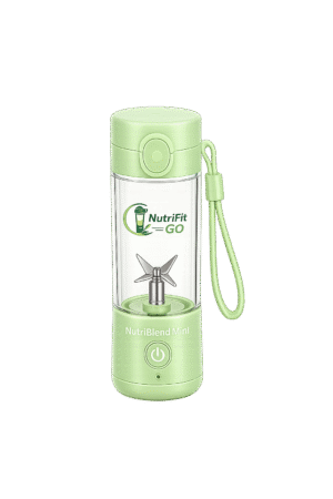 NutriBlend Mini portable blender with light green finish, NutriFit Go logo, stainless steel blades, and carrying strap on transparent background.