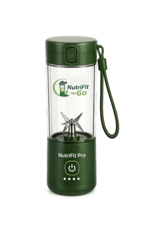 Green NutriBlend Pro portable blender with stainless steel blades, USB rechargeable base, and carry strap