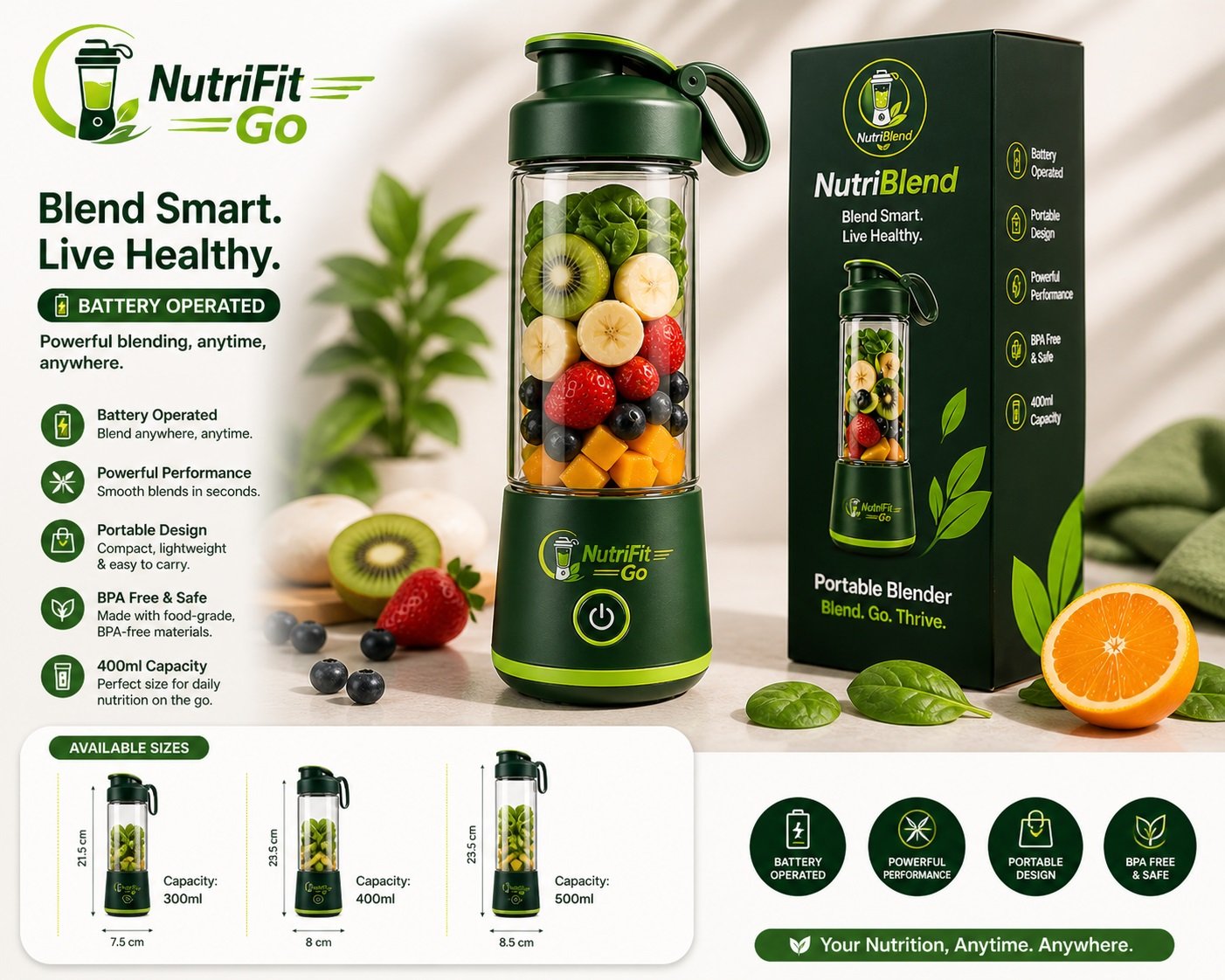 NutriFit Go portable blender with fresh fruits, packaging box, and size variations showing 300ml, 400ml, and 500ml options.