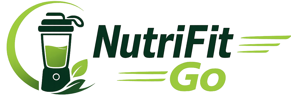 NutriFit Go portable blender logo with green smoothie icon and leaf design